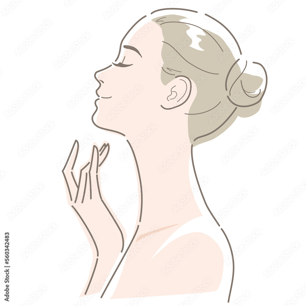 Profile of young woman. Smiling with her eyes closed. She touches her neck with her finger. Vector illustration in line drawing, isolated on white background. Profile of young woman. Smiling with her eyes closed. She touches her neck with her finger. Vector illustration in line drawing, isolated on white background.