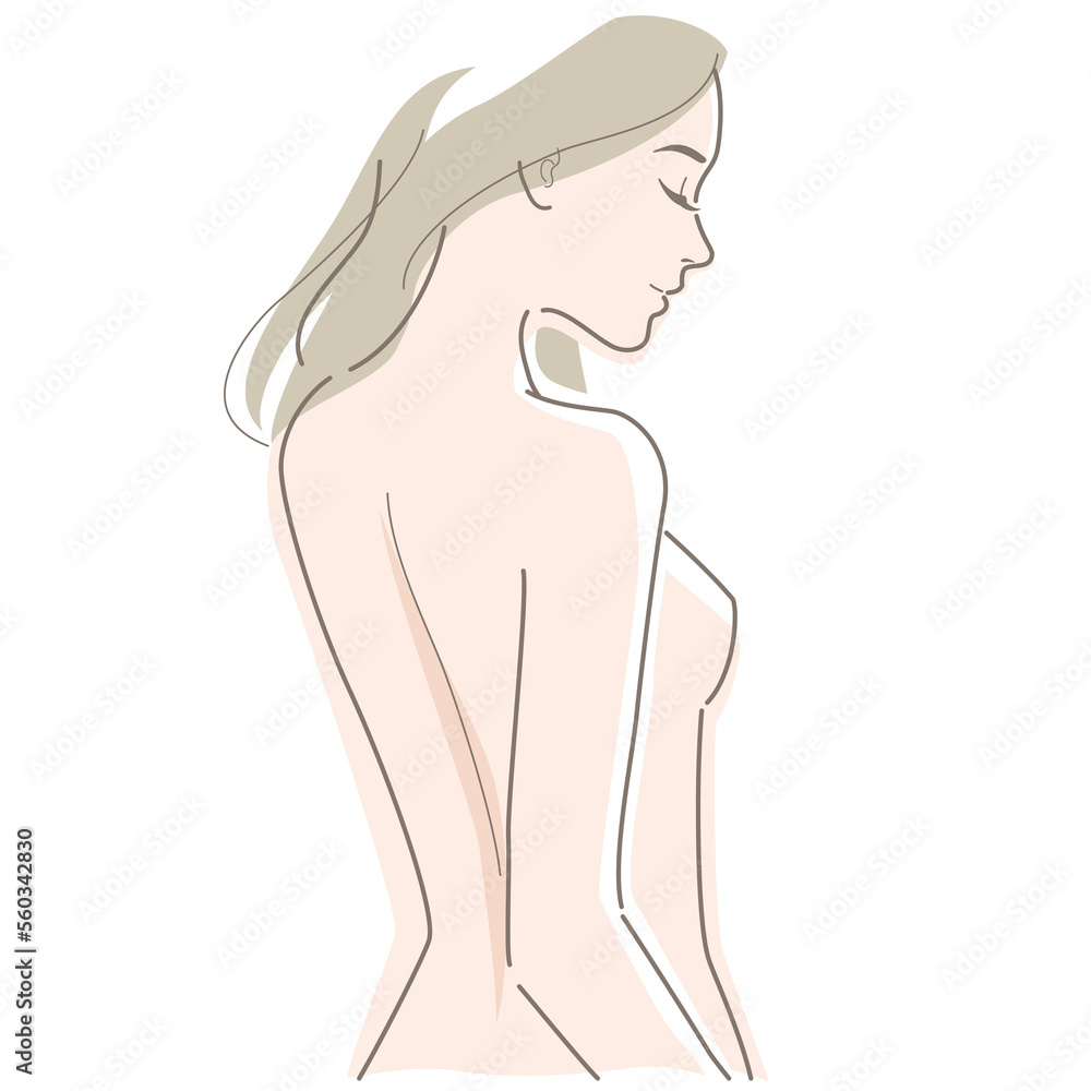 Back of a naked young woman. Vector illustration in line drawing, isolated on white background. Back of a naked young woman. Vector illustration in line drawing, isolated on white background.