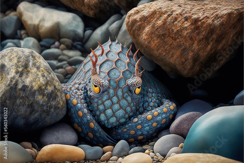  a blue and orange octopus laying on a rocky beach next to rocks and pebbles with a yellow eye on it's face and a rock in the background with a red and blue and yellow.