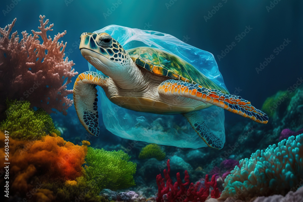 Obraz premium Plastic pollution in ocean environmental problem. Turtle eat plastic bags mistaking them for jellyfish. Generative AI