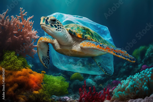 Plastic pollution in ocean environmental problem. Turtle eat plastic bags mistaking them for jellyfish. Generative AI © StockSnap