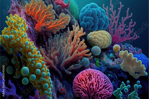  a colorful coral reef with many different types of corals and sea anemones on it's surface, with a blue background of blue water and white corals and yellows.