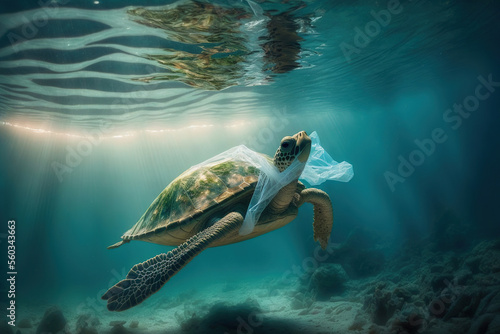 Plastic pollution in ocean environmental problem. Turtle eat plastic bags mistaking them for jellyfish. Generative AI © StockSnap