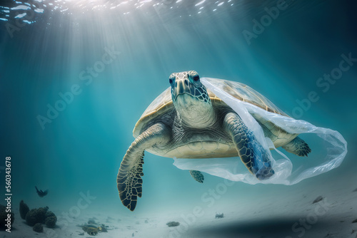 Plastic pollution in ocean environmental problem. Turtle eat plastic bags mistaking them for jellyfish. Generative AI