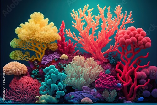 Fototapeta Naklejka Na Ścianę i Meble -   a colorful coral reef with many different types of corals and corals on it's sides and bottom half of the reef, with a blue background of blue water and green and blue.