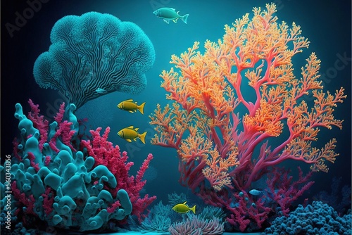 Fototapeta Naklejka Na Ścianę i Meble -   a painting of a coral reef with fish and corals on it's sides and a blue background with a black border around it and a blue sky with a few white clouds and yellow fish. Generative AI