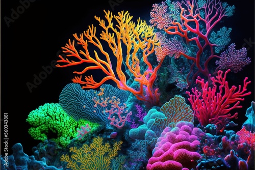 Fototapeta Naklejka Na Ścianę i Meble -   a colorful coral reef with many different colored corals on it's sides and a black background with a black border around it, with a black border, and a black border, and a black border.