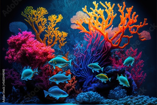  a colorful coral reef with fish and corals in it's water tank at night time with a black background and a black background with a black border with a black border and a blue border. © Anna