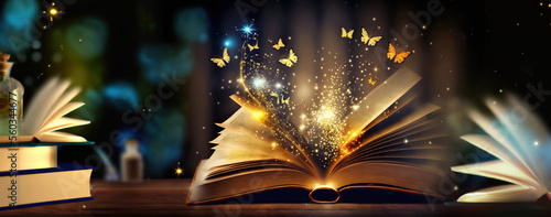 Foto fairytale mystical open book with butterflies and golden sparkles wide banner de