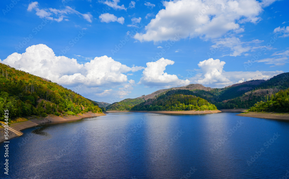 Nature at the Odertalsperre in the Harz Mountains, near Bad Lauterberg. View of the Oder reservoir with the surrounding landscape.
Nature at the Odertalsperre in the Harz Mountains, near Bad Lauterberg. View of the Oder reservoir with the surrounding landscape.