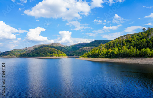 Nature at the Odertalsperre in the Harz Mountains, near Bad Lauterberg. View of the Oder reservoir with the surrounding landscape. 