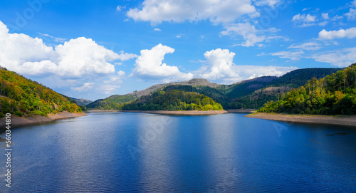 Nature at the Odertalsperre in the Harz Mountains, near Bad Lauterberg. View of the Oder reservoir with the surrounding landscape. 