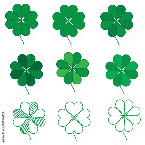 Pattern of green clover leaves for printing, trefoil, four-leaf clover