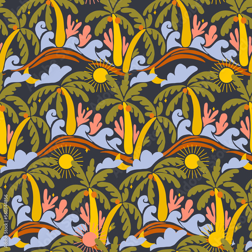 Photography Beautiful old style 50s 70s retro floral seamless pattern with colorful palms waves sun