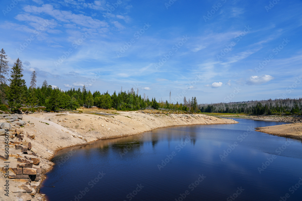 Oderteich dam in the Harz mountains, near Braunlage. Landscape at the lake in Lower Saxony with the surrounding nature.
