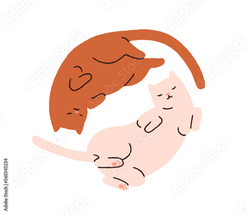 Cute cats pair in yin yang circle. Two kitties lying belly up in zen pose. Funny sleeping feline animals couple. Balance, harmony concept. Flat vector illustration isolated on white background