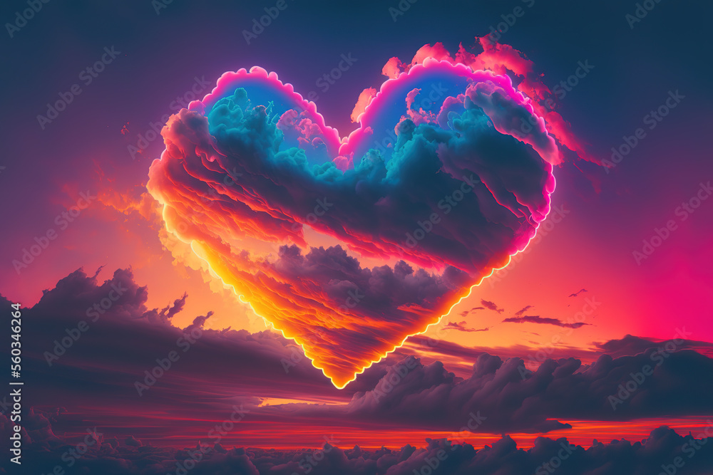Fototapeta premium cloud of love, air clouds in the form of a heart on a neon sunset, valentine's day, art illustration
