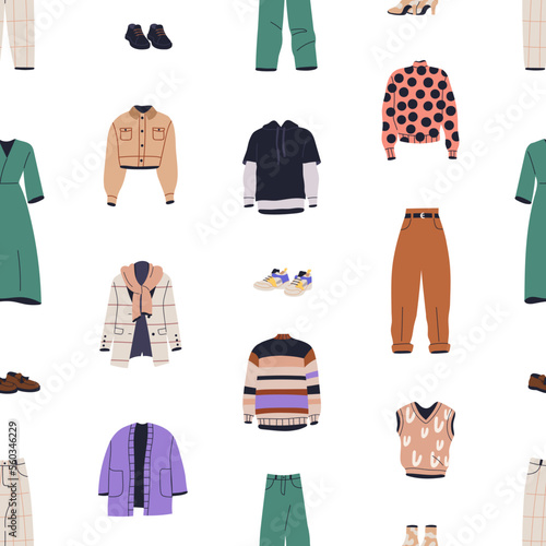 Casual clothes, garment pattern. Seamless background with warm apparel repeat...