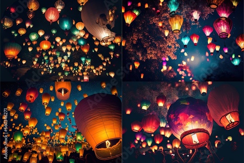  a group of colorful lanterns floating in the sky at night and in the night sky at night time, with a lot of people flying them in the air and in the air, and in the night.
