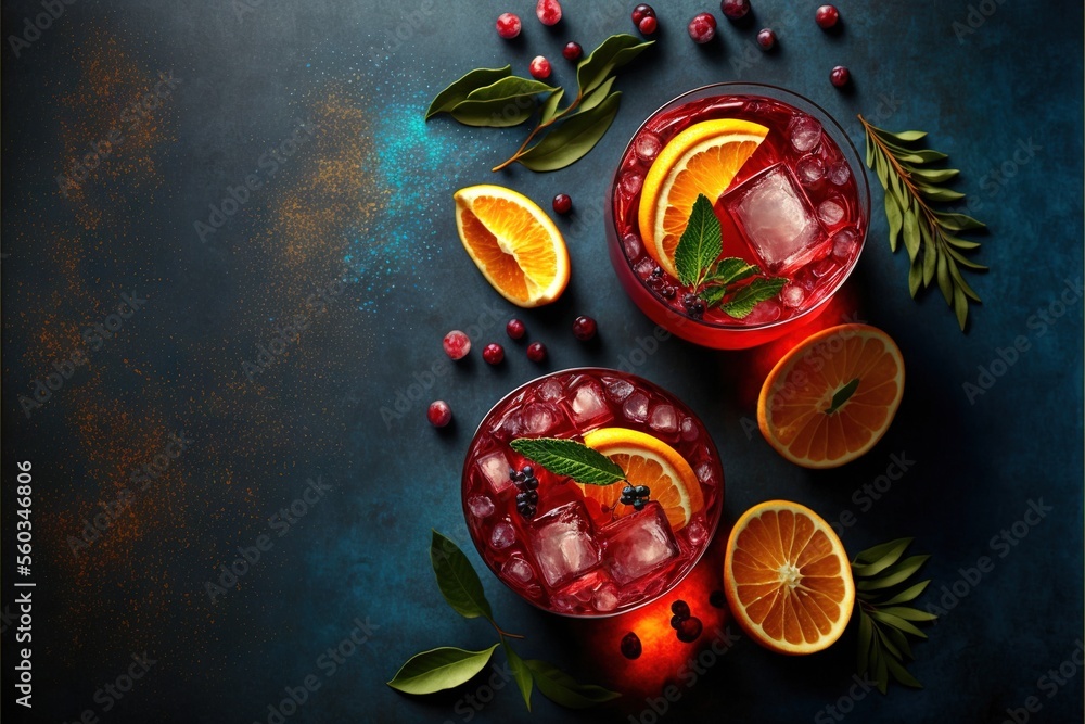  two glasses of red wine with orange slices and leaves on a dark background with leaves and berries around them, with a green sprig of leaves and a few oranges on the side.