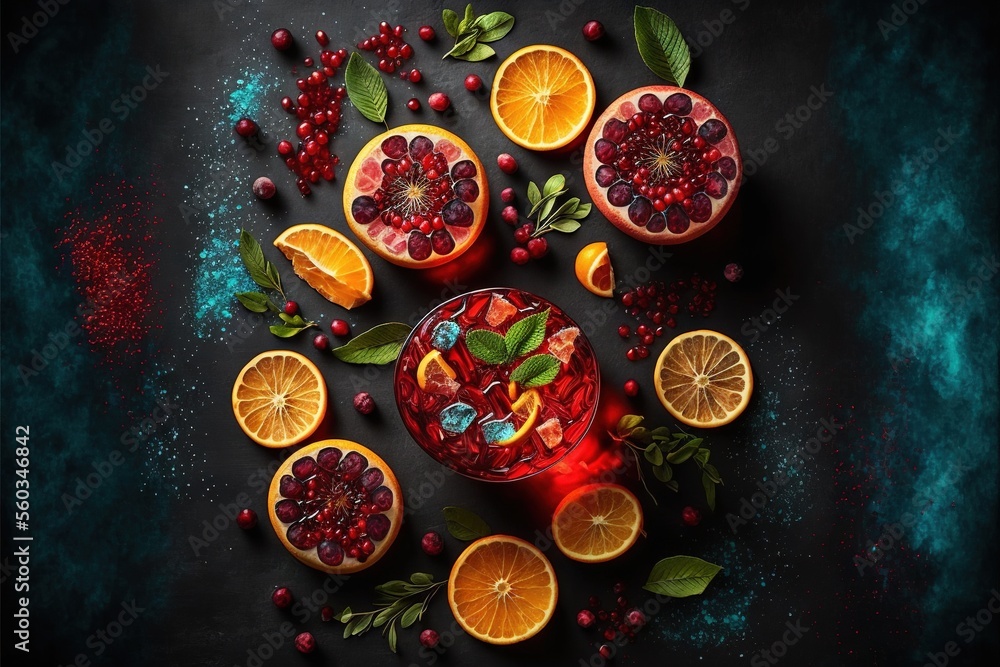  a table topped with oranges and pomegranates next to a cup of tea and a candle on top of a table with leaves and oranges on it and a black background.