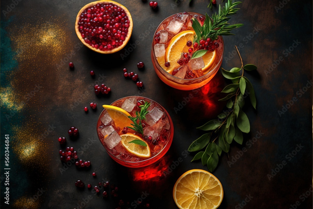  two glasses of cranberry lemonade with orange slices and garnishes on a dark surface with leaves and berries around them, with a few more garnishes on the edges.