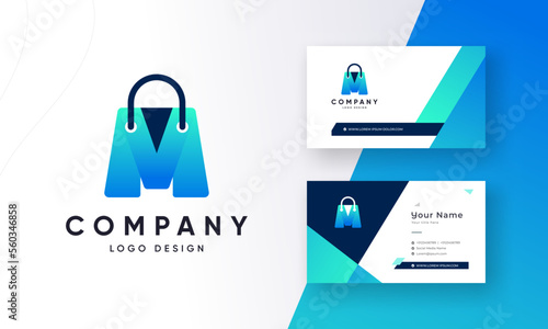 Initial Letter M with shopping bag logo design and premium business card template 