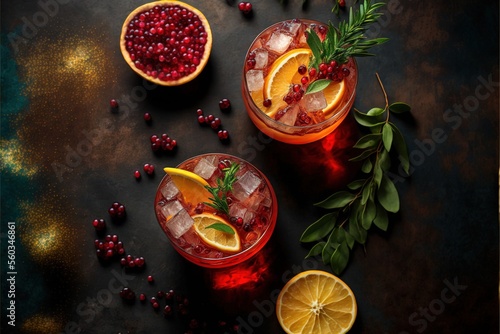 two glasses of cranberry lemonade with orange slices and garnishes on a dark surface with leaves and berries around them, with a few more garnishes on the edges.