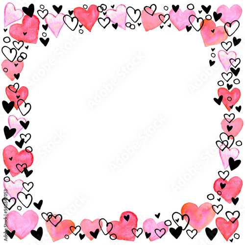 Hand drawn square frame, border from watercolor hearts. Romance symbol of love, background, decoration for invitation, Valentine's day, greeting card, wedding