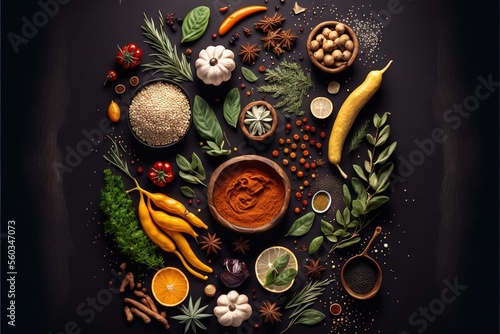  a picture of a variety of spices and herbs arranged in a circle on a black background with a black background and a black background with a black border around the edges and a white border.