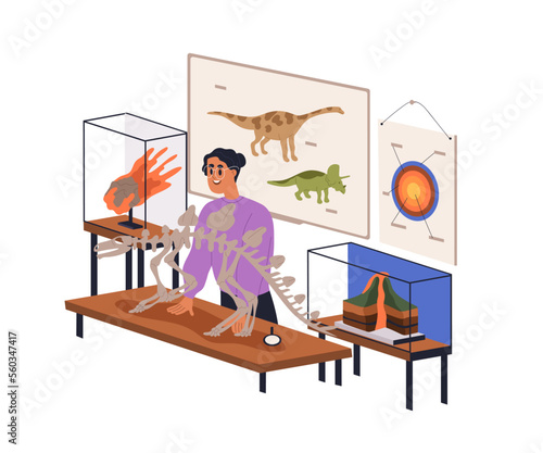 Geology and paleontology teacher during school lecture in classroom. Woman teaching at lesson in palaeontology class room with dinosaur skeleton. Flat vector illustration isolated on white background