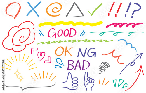 まるばつ　手書きの強調装飾　カラフル　Colorful hand-drawn circles and emphasizing decorations