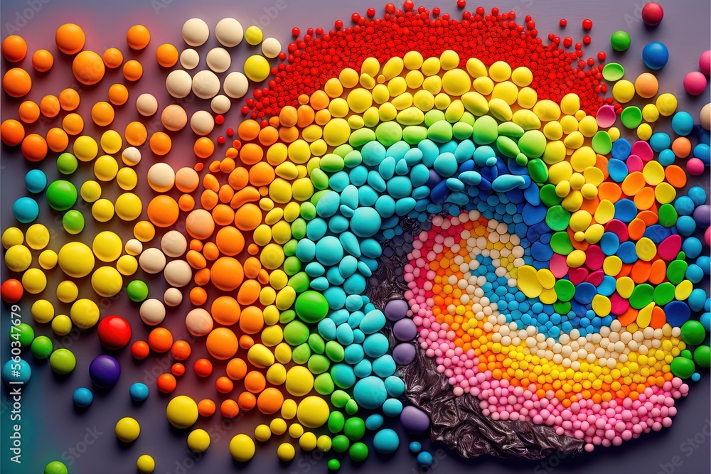 a rainbow colored cake with lots of candy balls on it's side and a