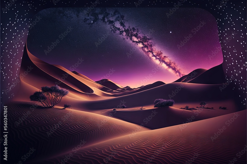  a desert landscape with a star filled sky and a distant object in the distance, with a tree in the foreground and a distant object in the distance, with a purple and pink.