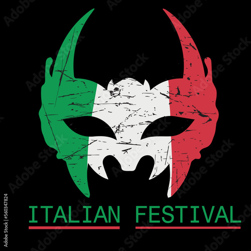 Carnival mask. Happy festive concept with italian flagon black background with grunge design.