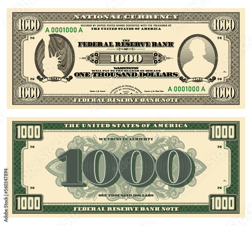 Vector new 1000 dollars banknote. Obverse and reverse of US paper money in retro style with ovals. Ribbons with inscriptions, Liberty and Tyler.