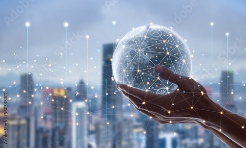 Abstract hand holding world network connection, digital network communication and partners online marketing concept	