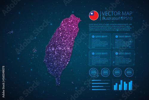 Taiwan map infographics template for diagram, graph, presentation and chart with abstract geometric mesh polygonal light concept on blue background. Vector Illustration EPS10.