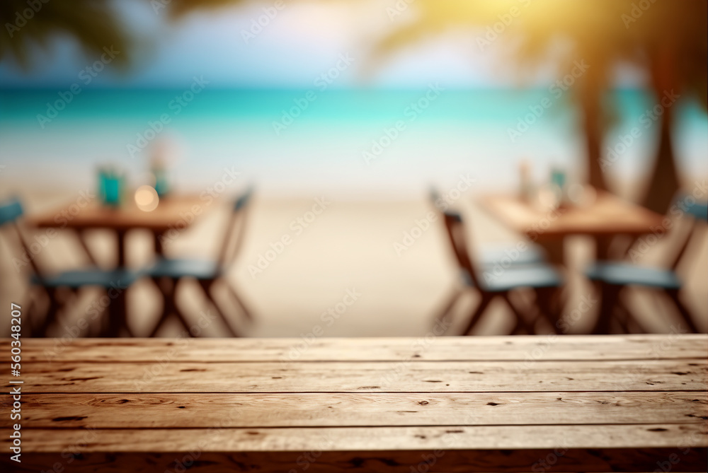 Empty table for products with beach restaurant background, Generative AI