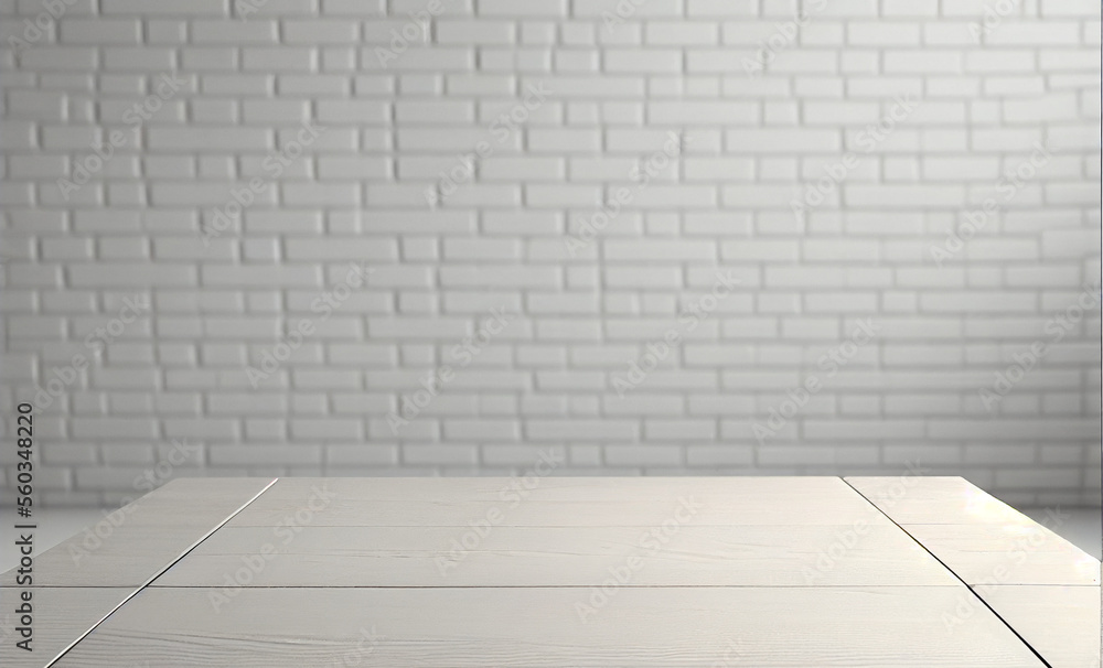 White table for product placement, white brick wall background white, table, brick, bricks, brick background, Generative AI, Generative, AI, wall, room, interior, texture, empty, design, architecture,
