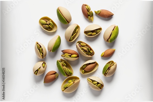  a group of nuts with some green and yellow seeds in them and some brown and white nuts in the middle of the nuts are open and there are some of the nuts in the shell.