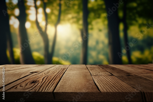 Table top in forest background for product placement, Generative AI