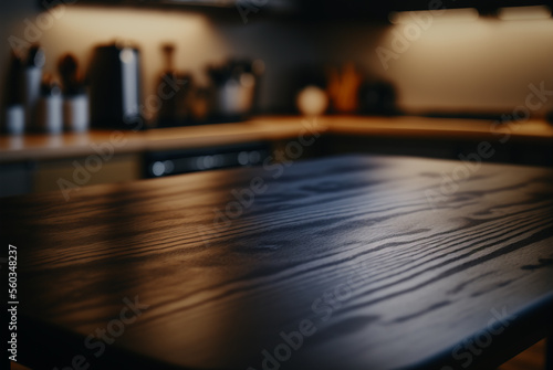 Dark empty wooden table, blurred kitchen background, Generative AI