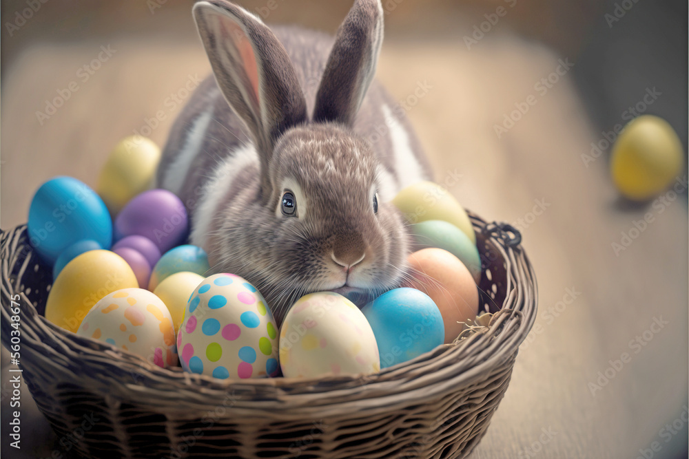 Easter eggs and bunny in basket greeting celebrate in easter day. Generative AI Easter eggs and bunny in basket greeting celebrate in easter day. Generative AI