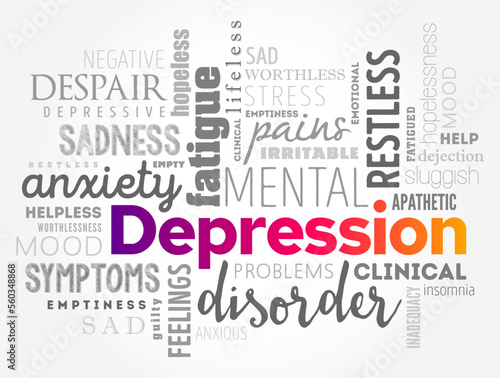 Depression - serious medical illness that negatively affects how you feel, the way you think and how you act, word cloud concept background
