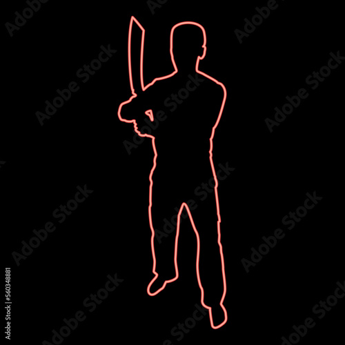 Neon man with sword machete Cold weapons in hand military man Soldier Serviceman in positions Hunter with knife Fight poses Strong defender Warrior concept Weaponry Stand red color vector  © Serhii