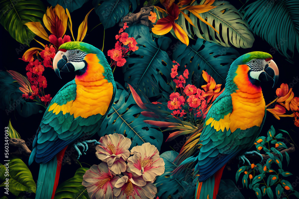 Fototapeta premium Seamless pattern of parrots on the tropical branches with chinese roses, tropical leaves and flowers. Created with Generative AI technology.