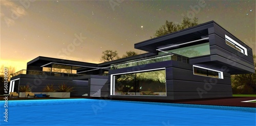 Amazing night above the contemporary country house with white facade illumination. 3d rendering.