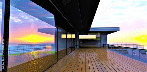 Lacquered board on the terrace floor with large mirrored doors reflecting the wonderful sunrise over the ocean. An excellent banner to help sellers of elite suburban real estate. 3d rendering.
