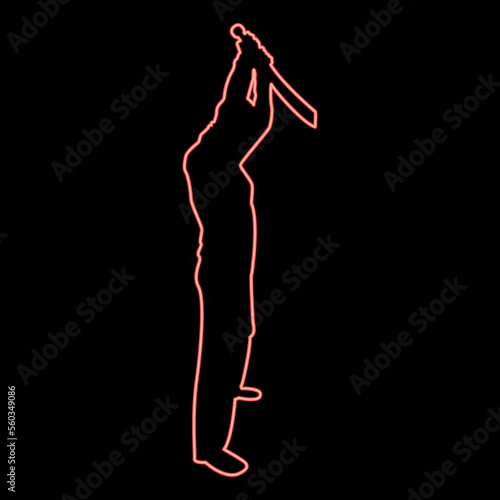 Neon man with sword machete from above Cold weapons in hand military man Soldier Serviceman in positions Hunter with knife Fight poses Strong defender Warrior concept Weaponry Stand red color vector 